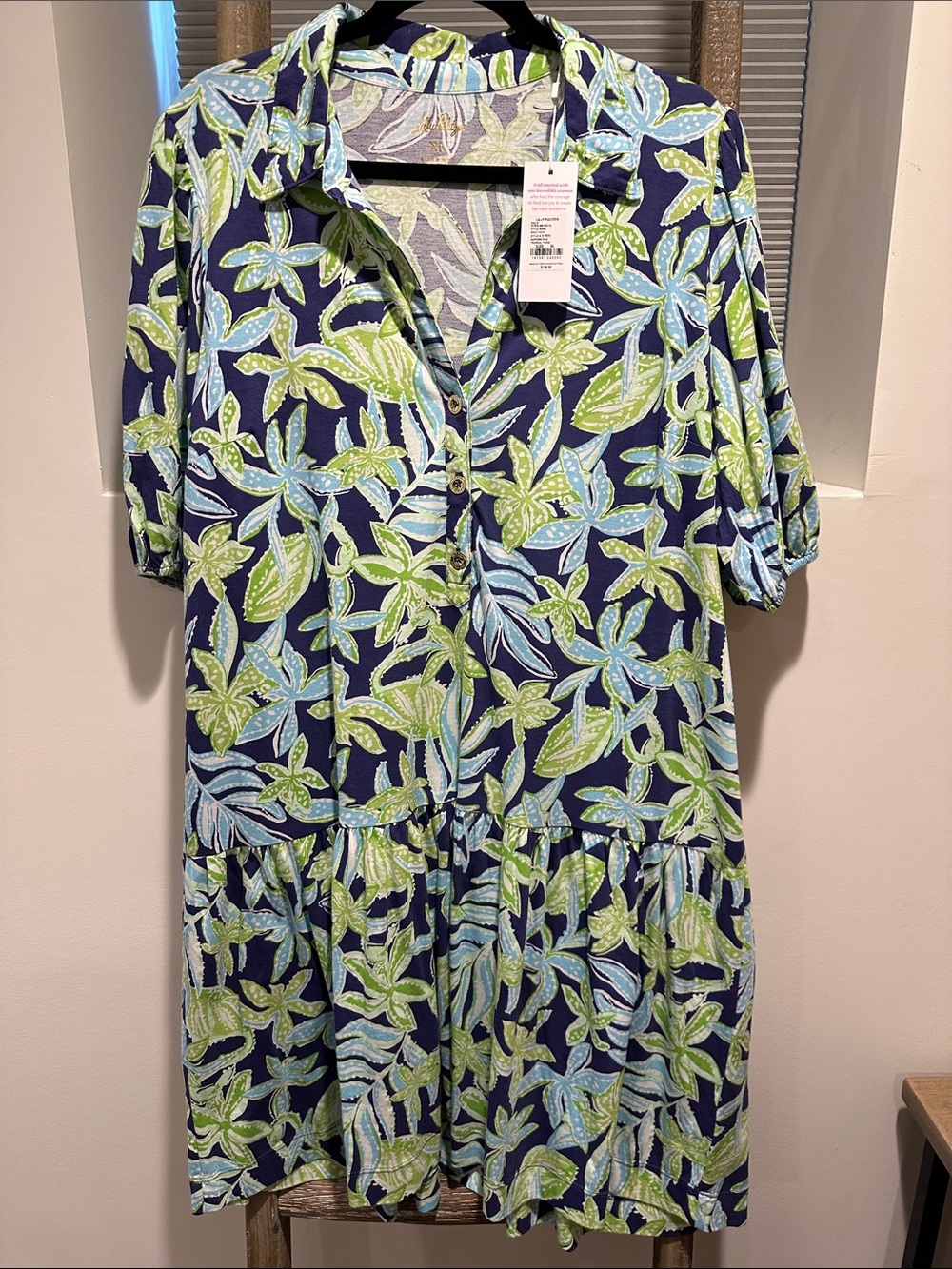 Lilly Pulitzer Navy Floral-Leaf Button Front Midi Dress